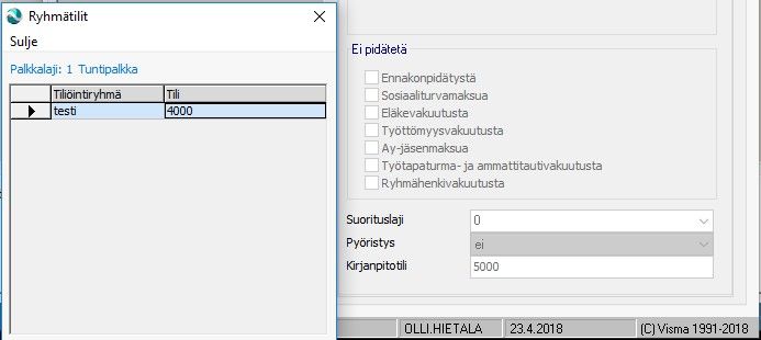 Tiliöintiryhmälle "1.testi" on määritelty eri kulutili kuin itse palkkalajille.