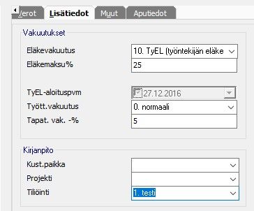 Henkilötiedoissa henkilö on kytketty tiliöintiryhmään "1. testi"