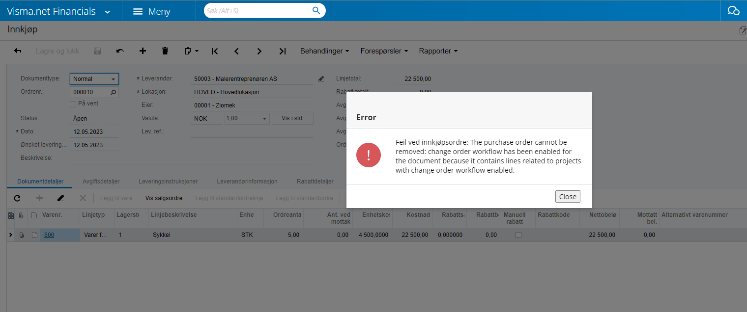 Sletting av innkjøpsordre knyttet mot prosjekt med... Visma Community