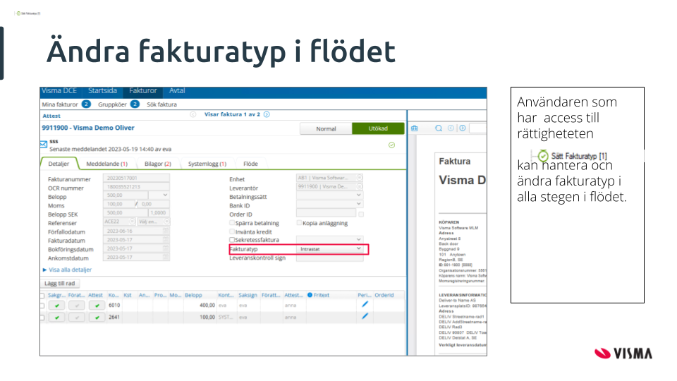 Ändra fakturatyp i flödet