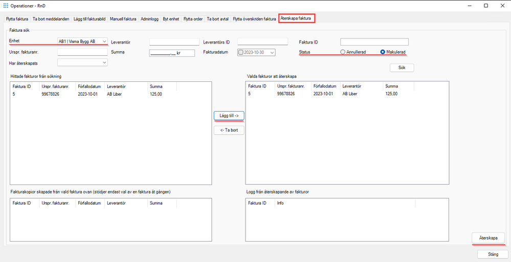 Operationer>Återskapa faktura