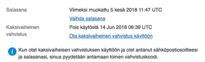 Kaksivaiheisen tunnistautumisen käyttöönotto valinnalla "Ota kaksiviaheinen vahvitus käyttöön"