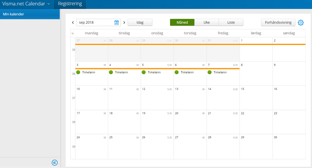Grønn og oransje strek i kalenderen min i Visma.net Time&Absence
