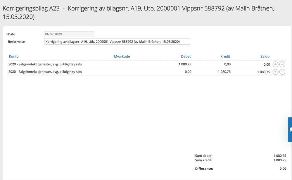 Bilags korrigering som er gjort