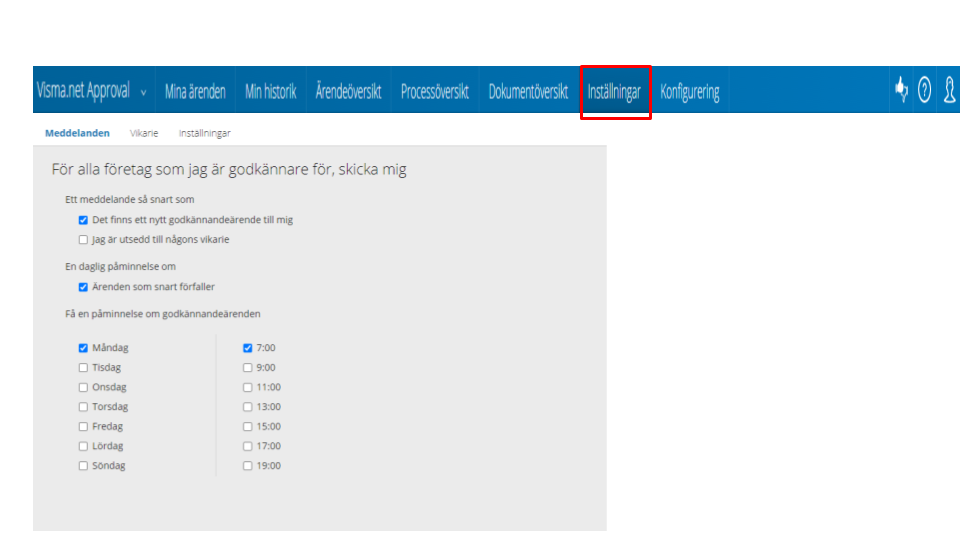 Visma.net Approval Inställningar