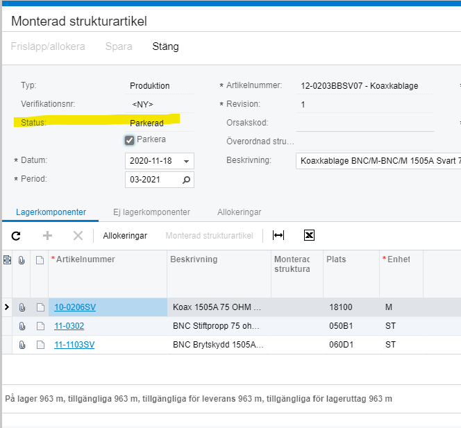 Monterad strukturartikel - Status parkerad